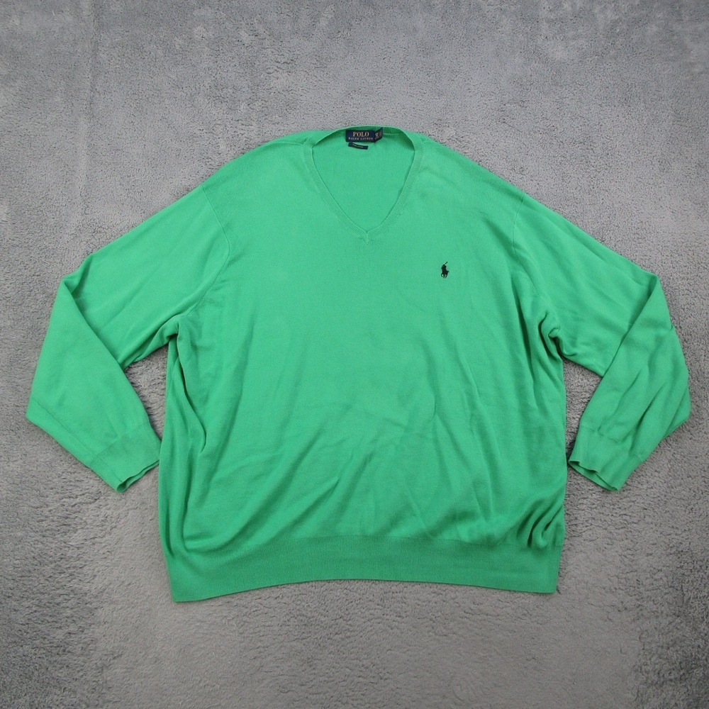 Polo Ralph Lauren Men 4XB Green Pima Cotton V-Neck Sweater Big Tall Long Sleeve